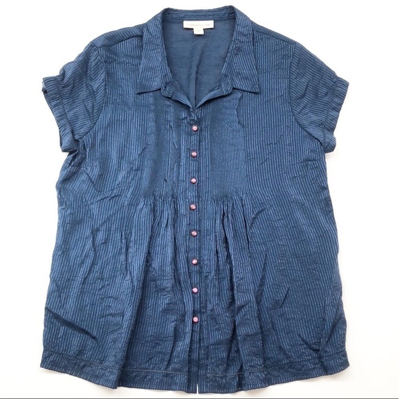 Coldwater Creek navy blue striped shimmer button down top - Picture 1 of 6